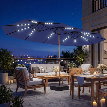 Double Sided Garden Parasol with 48 Solar LED Lights 4.6m Dark Blue