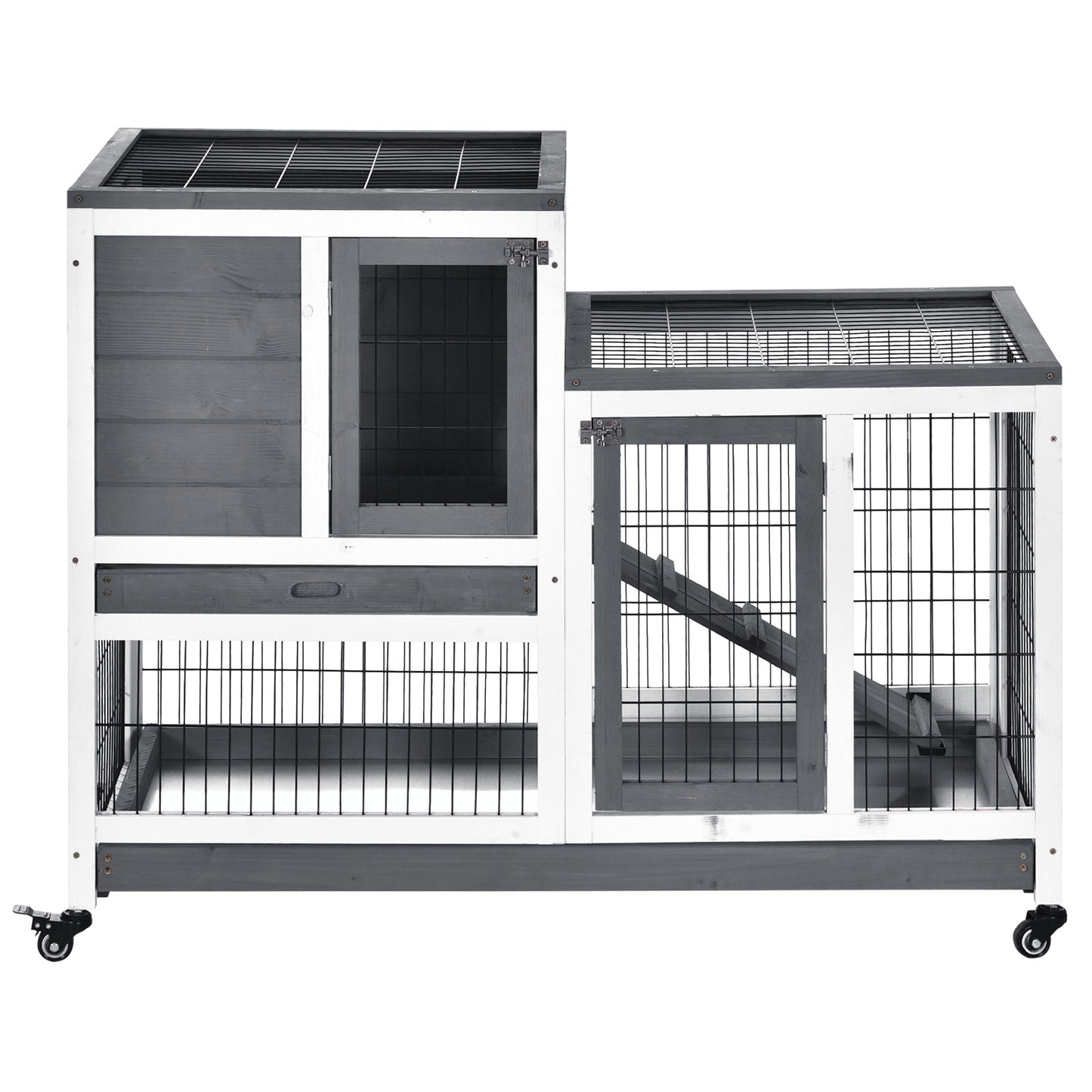 Wooden Indoor Rabbit Hutch Guinea Pig House Bunny Small Animal Cage W/ Wheels Enclosed Run 110 x 50 x 86 cm, Grey