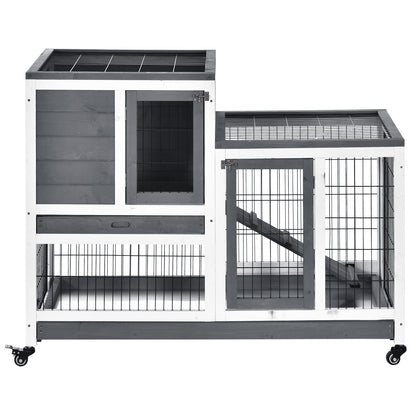 Wooden Indoor Rabbit Hutch Guinea Pig House Bunny Small Animal Cage W/ Wheels Enclosed Run 110 x 50 x 86 cm, Grey