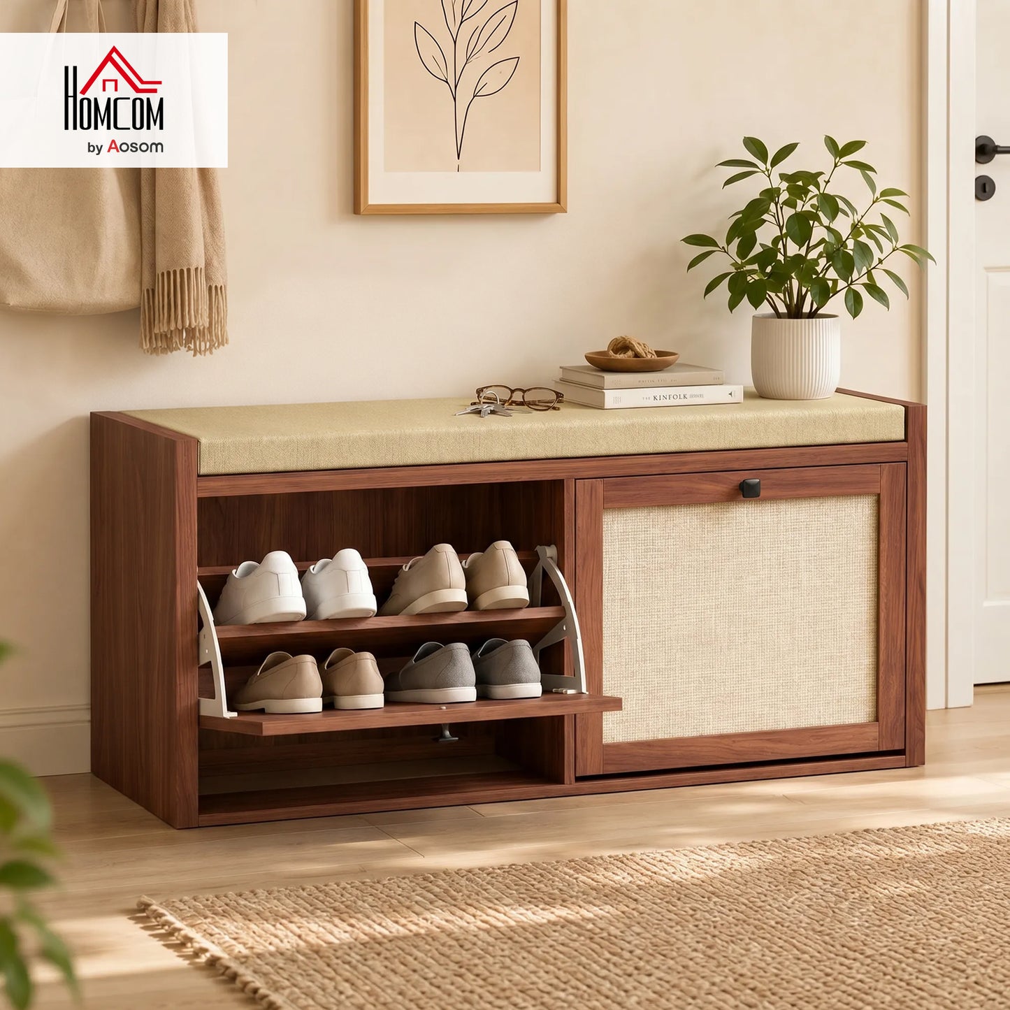 Rattan Shoe Bench with Padded Cushion and 2 Cabinets, Brown