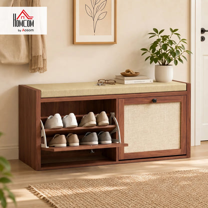 Rattan Shoe Bench with Padded Cushion and 2 Cabinets, Brown