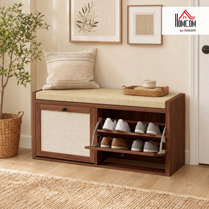 Rattan Shoe Bench with Padded Cushion and 2 Cabinets, Brown