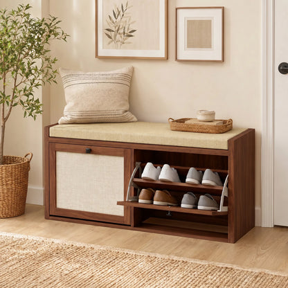 Rattan Shoe Bench with Padded Cushion and 2 Cabinets, Brown