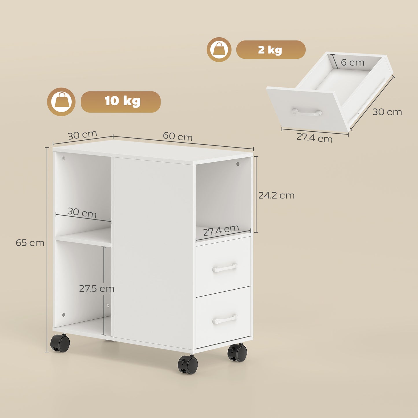 Mobile Printer Table with Drawers on Wheels for Home Office, White