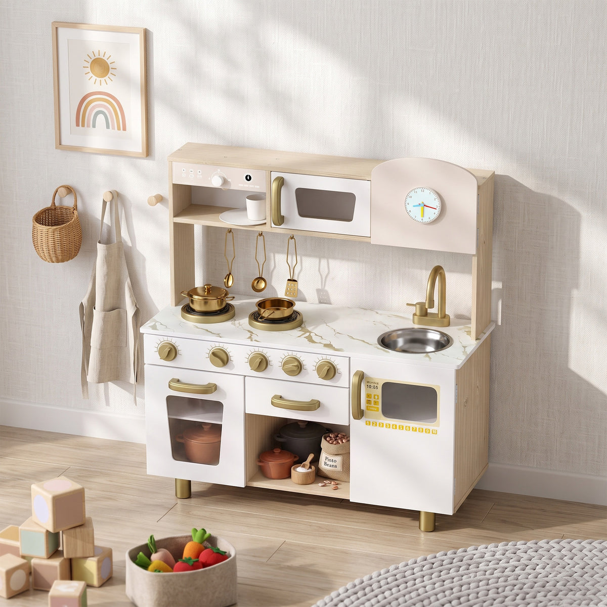 Kids Kitchen Playset with Rotating Coffee Machine for 3-6 Y, White