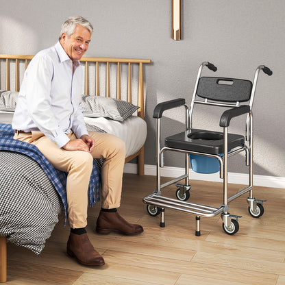 3-in-1 Commode Chair with Wheels, Transport Beside Shower Chair, Waterproof Rolling Shower Commode Wheelchair with Padded Seat for Disabled and Elderly People, Black