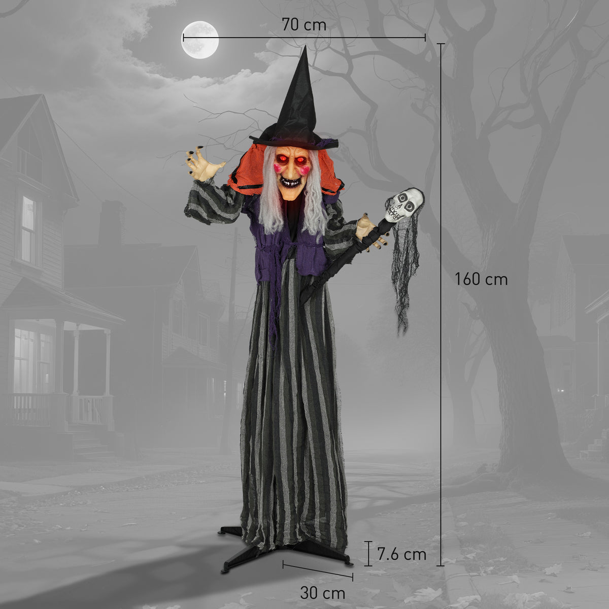Voice Activated Halloween Animatronics Standing Witch & Skull Staff