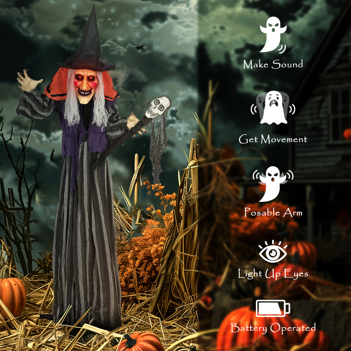 Voice Activated Halloween Animatronics Standing Witch & Skull Staff