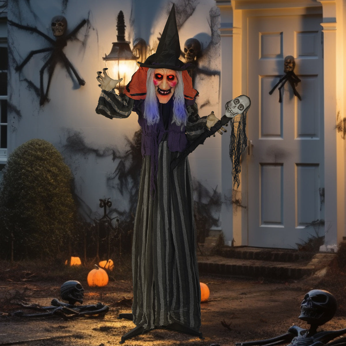 Voice Activated Halloween Animatronics Standing Witch & Skull Staff