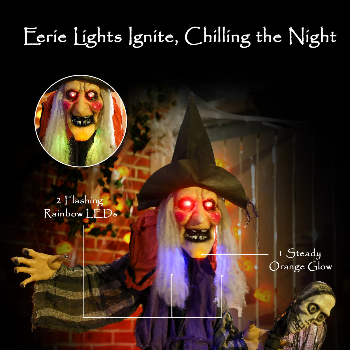 Voice Activated Halloween Animatronics Standing Witch & Skull Staff