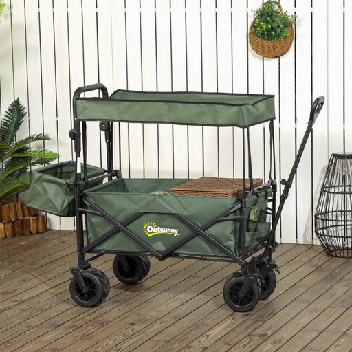 Folding Trolley Cart Storage Wagon Beach Trailer 4 Wheels with Handle Overhead Canopy Cart Push Pull for Camping, Green