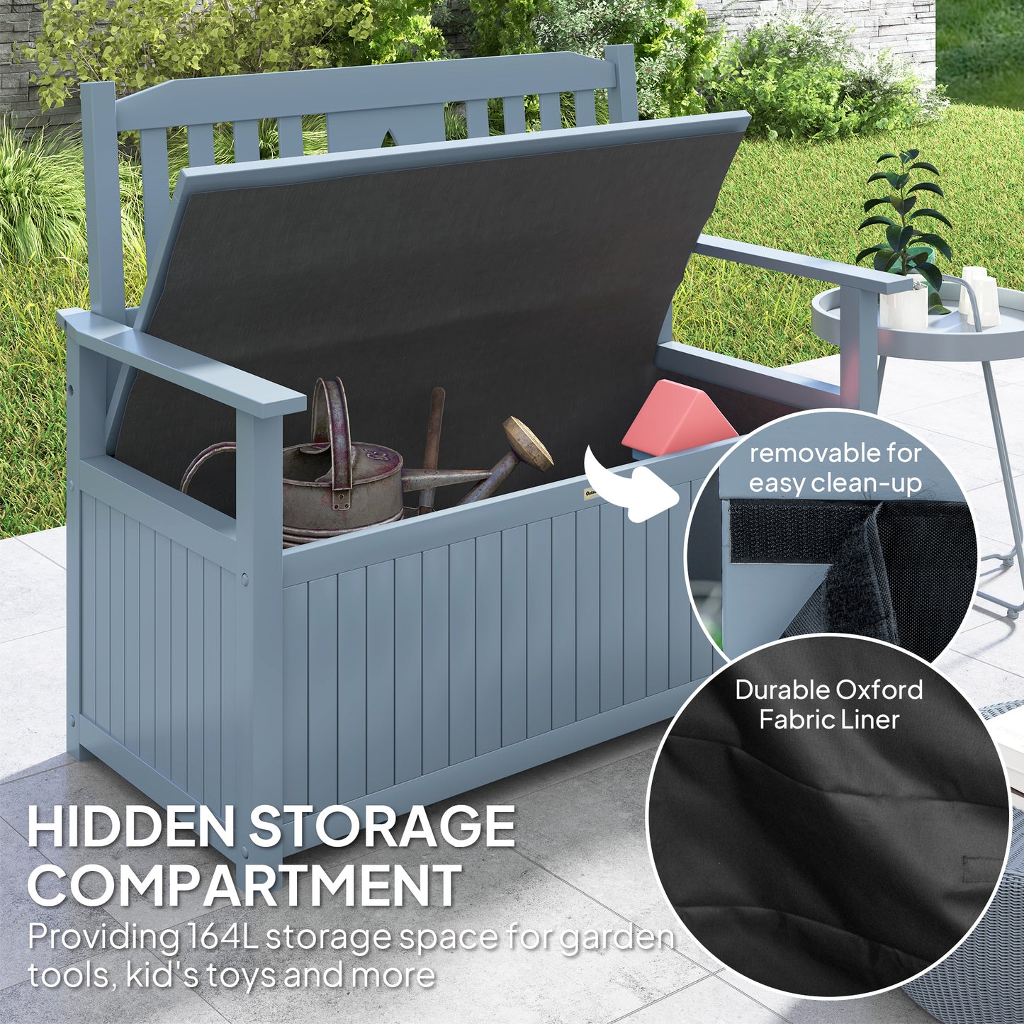 2 Seater Wood Garden Storage Bench Outdoor Storage Box Grey