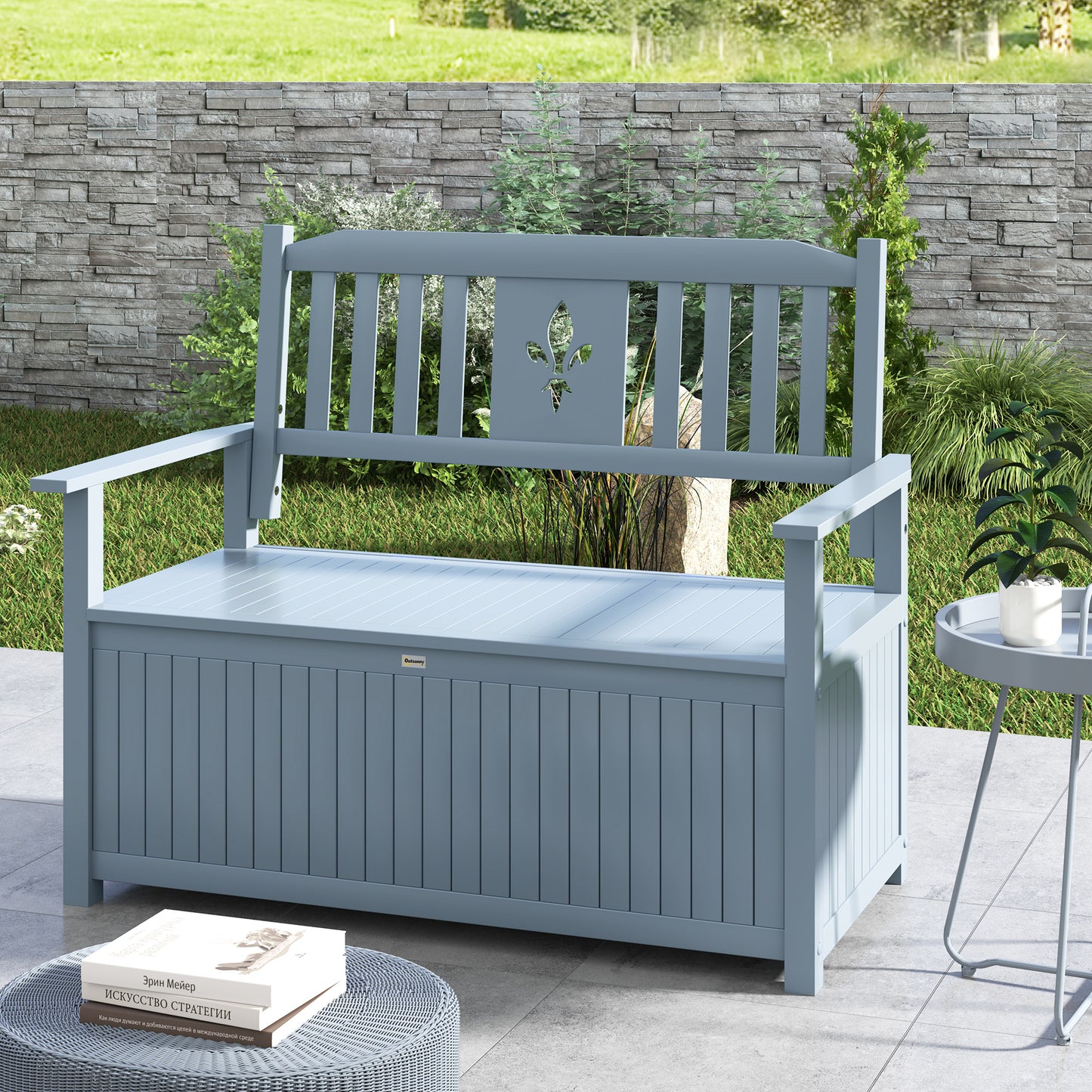 2 Seater Wood Garden Storage Bench Outdoor Storage Box Grey