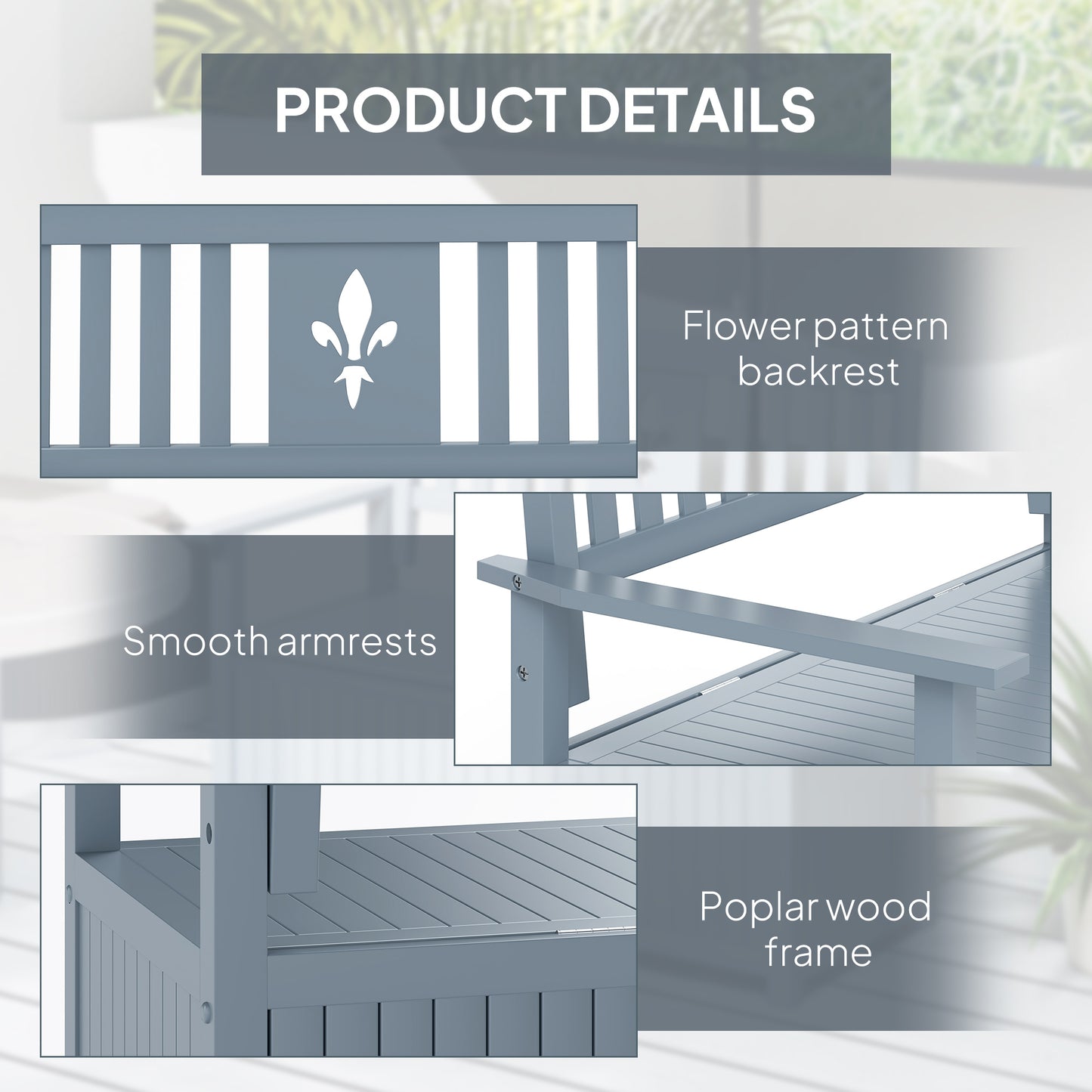 2 Seater Wood Garden Storage Bench Outdoor Storage Box Grey