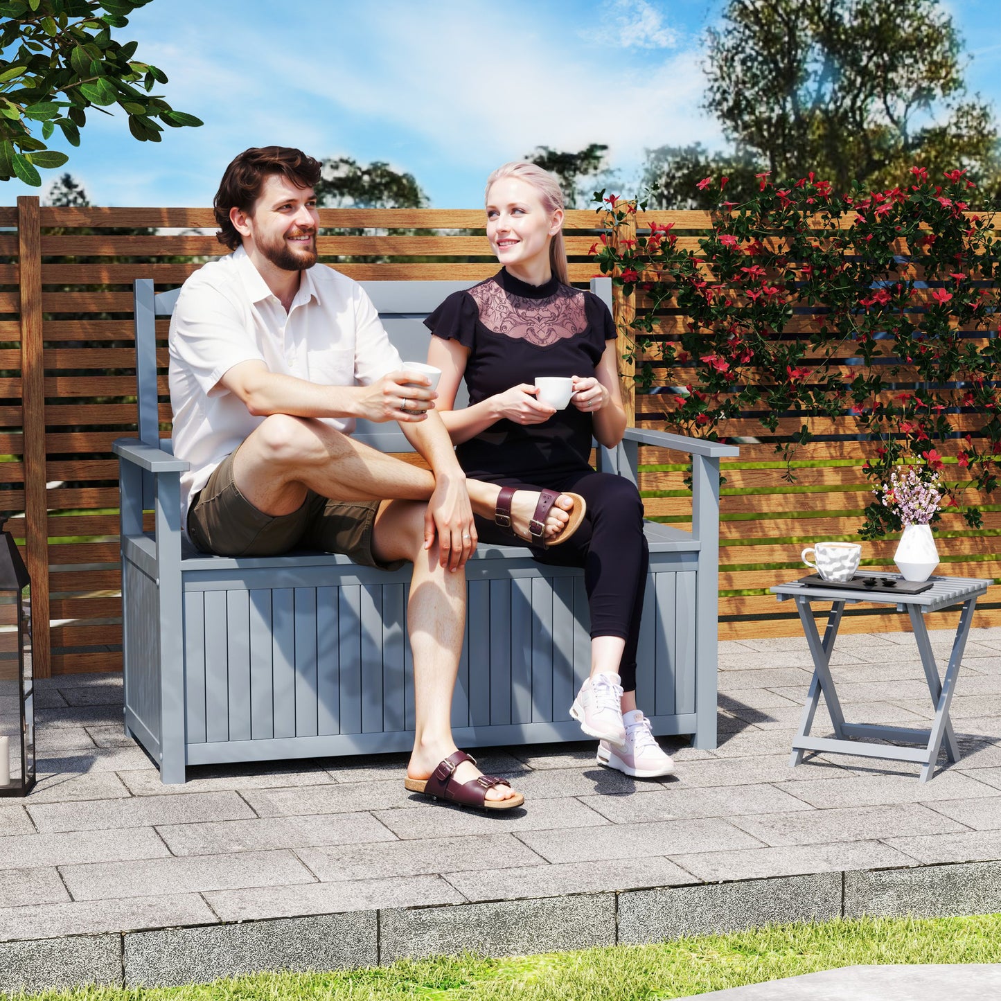 2 Seater Wood Garden Storage Bench Outdoor Storage Box Grey