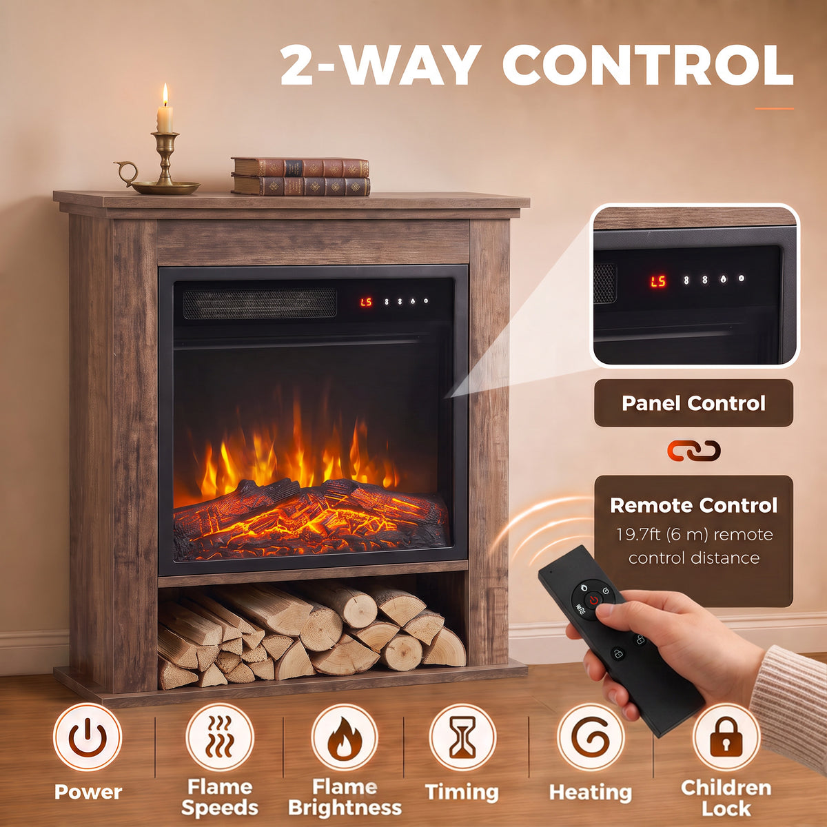 1800W Freestanding Electric Fireplace Suite with Log Shelf and Remote - Oak Effect