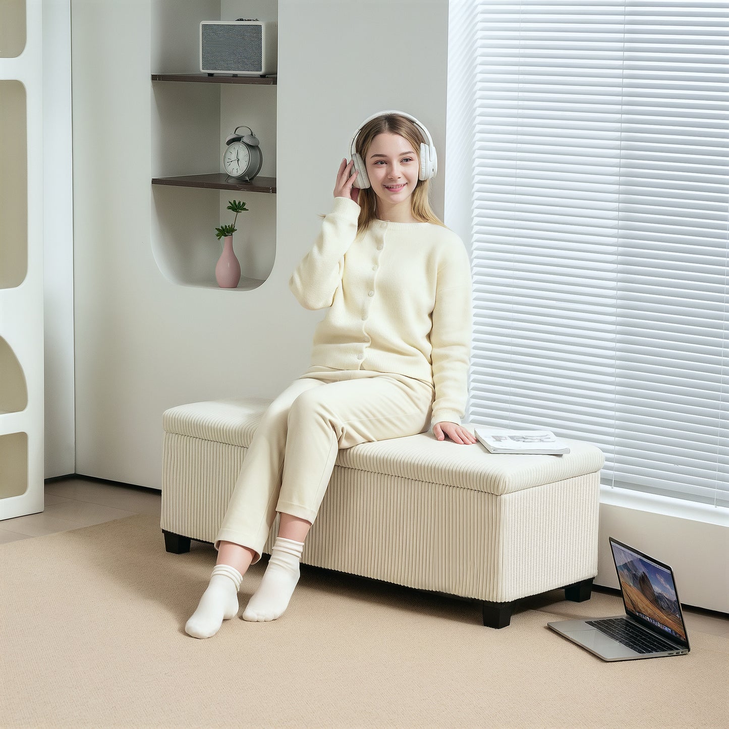 Storage Ottoman with Lid, 112cm Bench Chest Box, Beige