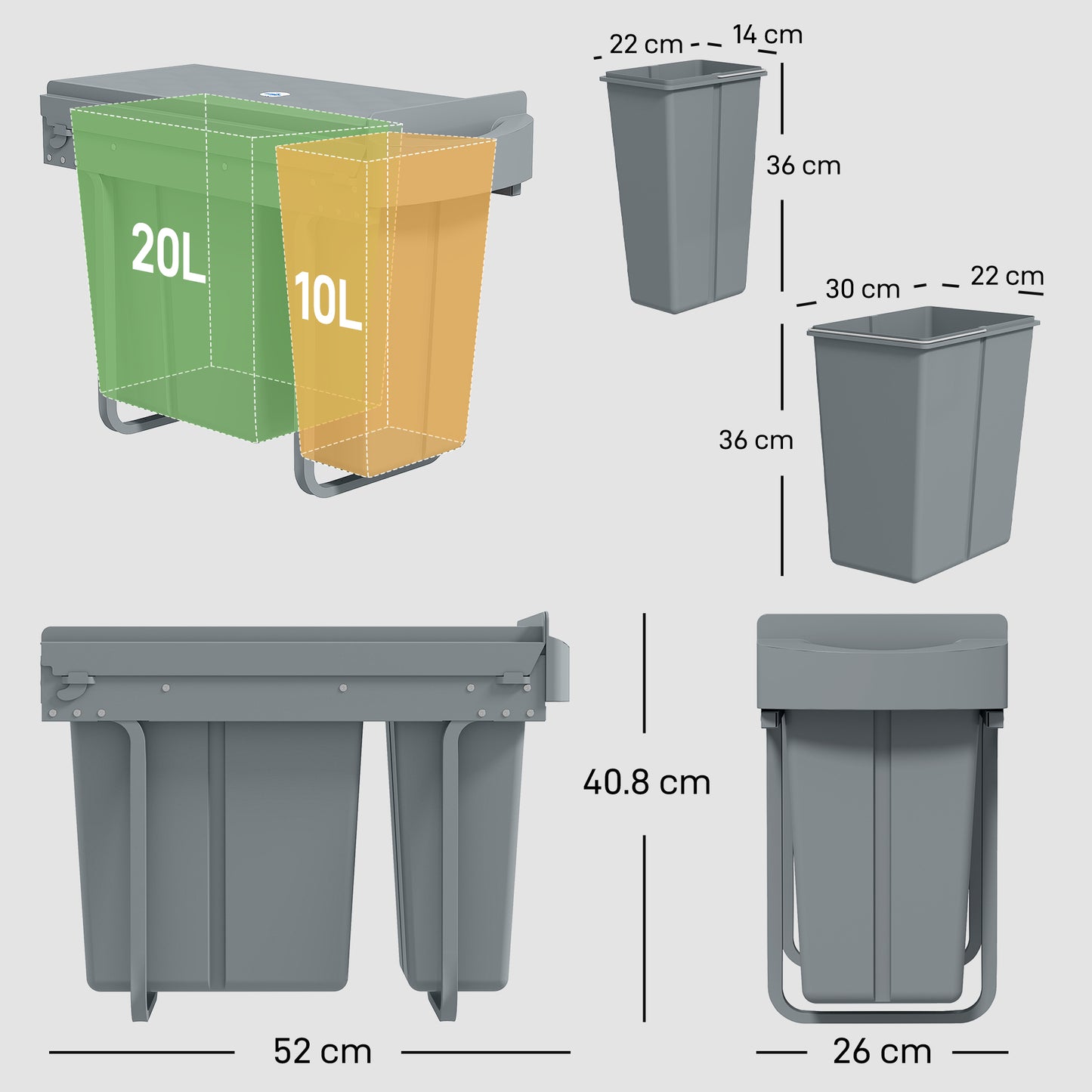 Under-Sink Kitchen Trash Bin, 2 Removable Recycling Containers, 20L + 10L, Smooth Slide, Handle, Diamond Pattern Lid, Grey
