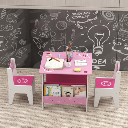 3 Pieces Kids Table and Chair Set with Bookshelves, Pink