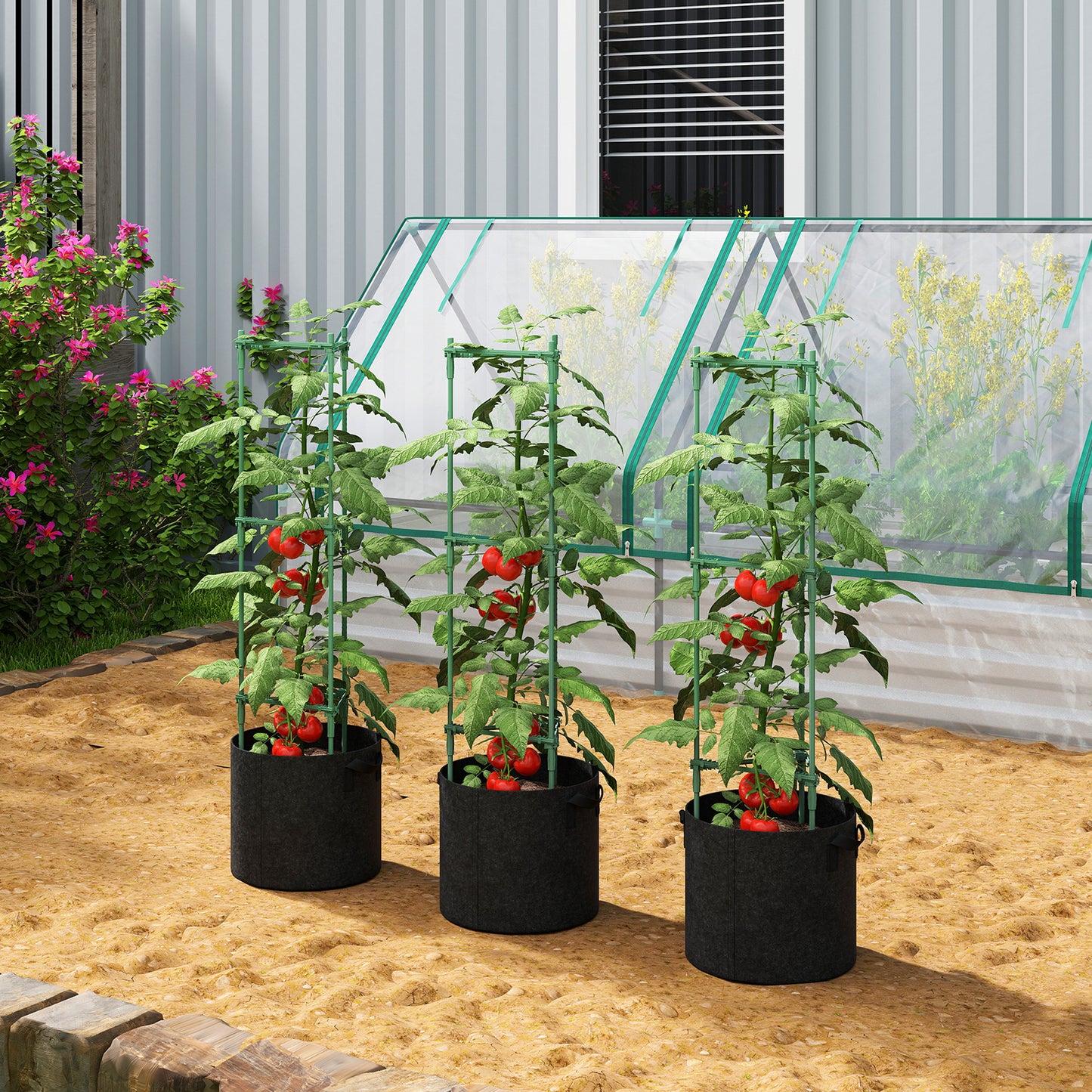 3 Packs Tomato Cages with 83.7L Grow Bags, 120cm Adjutstable Triangle Plant Stakes Support Trellis with Planter Bags, Garden Cucumber Trellis Plant Cages for Climbing Plants, Fruits