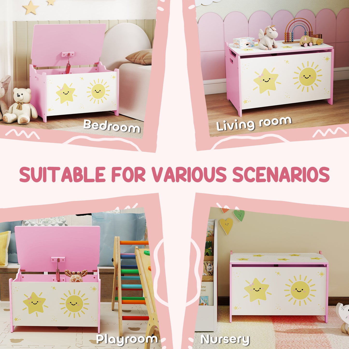 Toy Box with Lid, Safety Hinges for Kids, Nursery, Bedroom, Pink