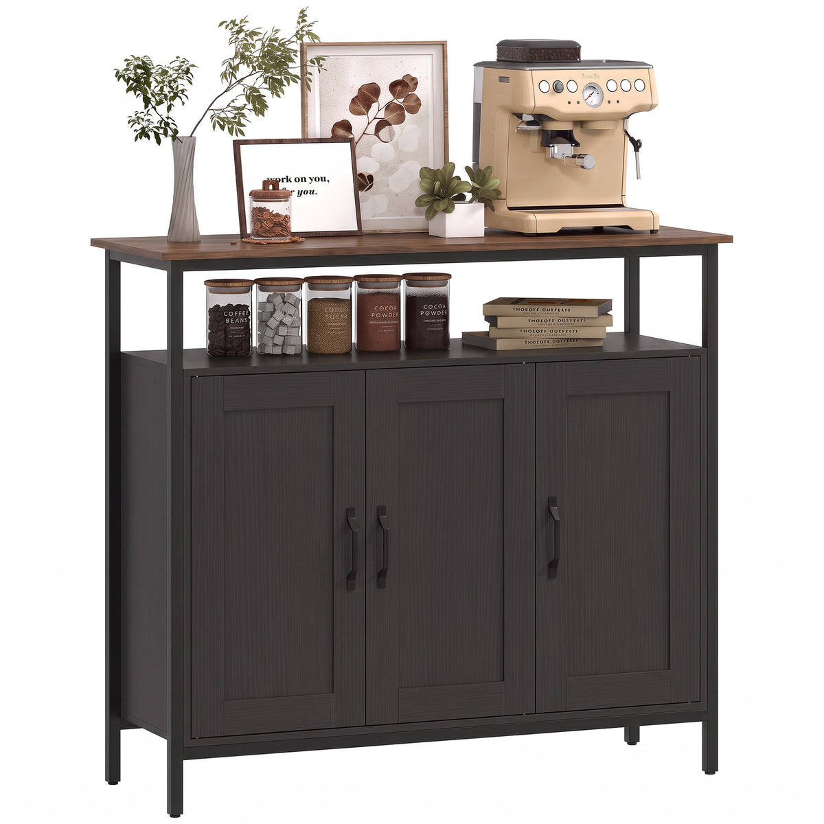Industrial Sideboard with 2 Cupboards and Open Shelf - Black & Walnut Effect