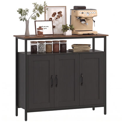 Industrial Sideboard with 2 Cupboards and Open Shelf - Black & Walnut Effect