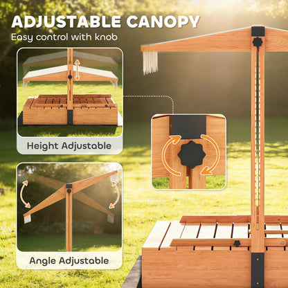 Kids Sand Pit with Lid, Wooden Sandpit with Foldable Picnic Table