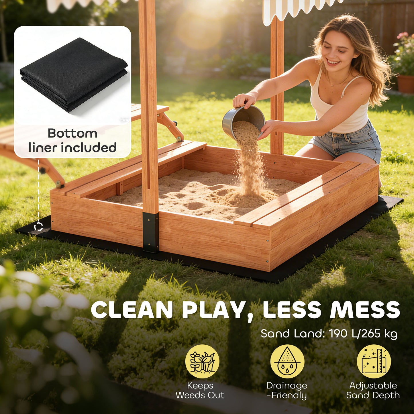 Kids Sand Pit with Lid, Wooden Sandpit with Foldable Picnic Table