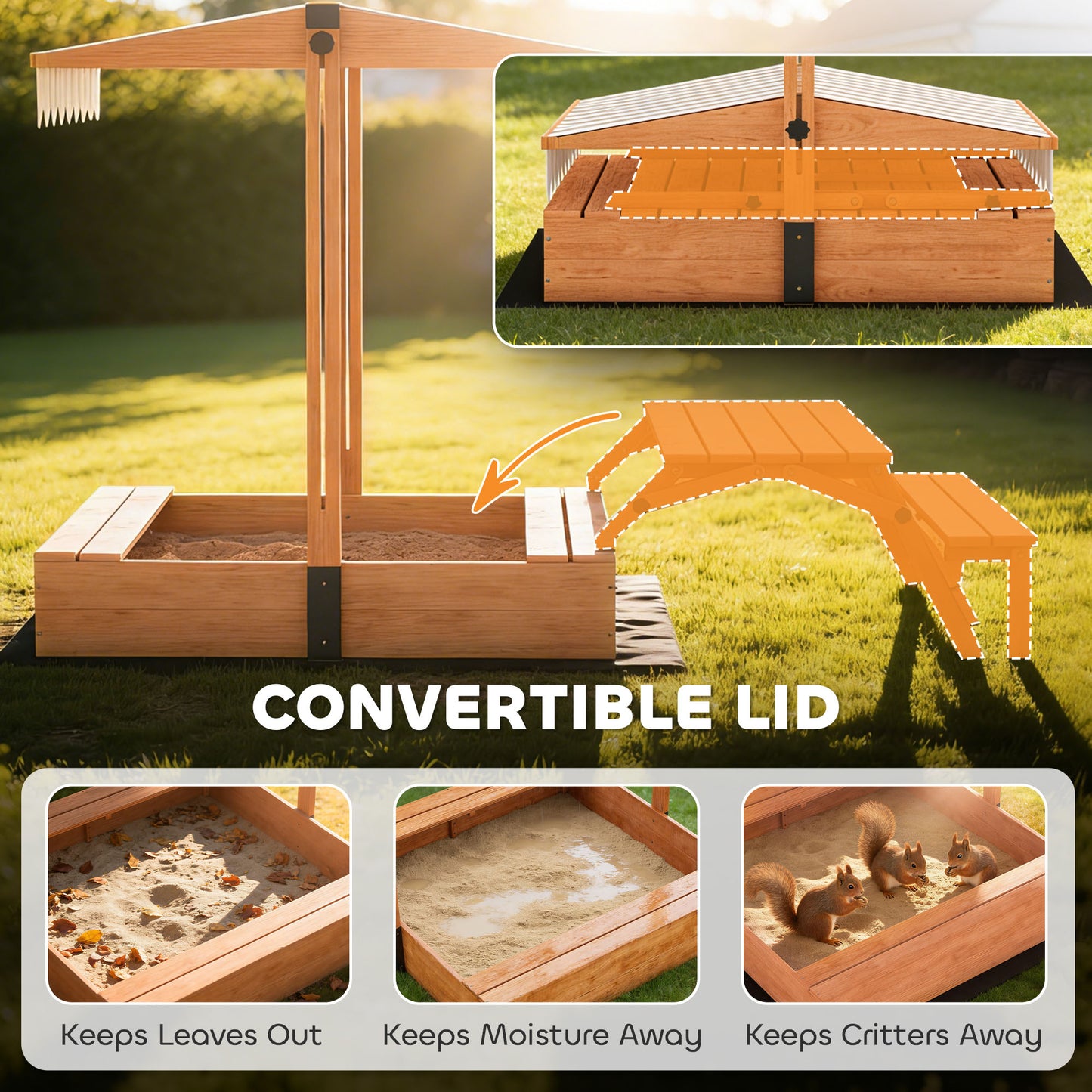 Kids Sand Pit with Lid, Wooden Sandpit with Foldable Picnic Table