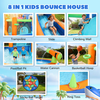 Inflatable Bouncy Castle for Kids Sharks Theme with Slide, Ball Pit