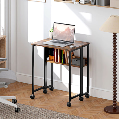 63 cm Foldable Computer Desk on Wheels for Small Spaces Rustic Brown