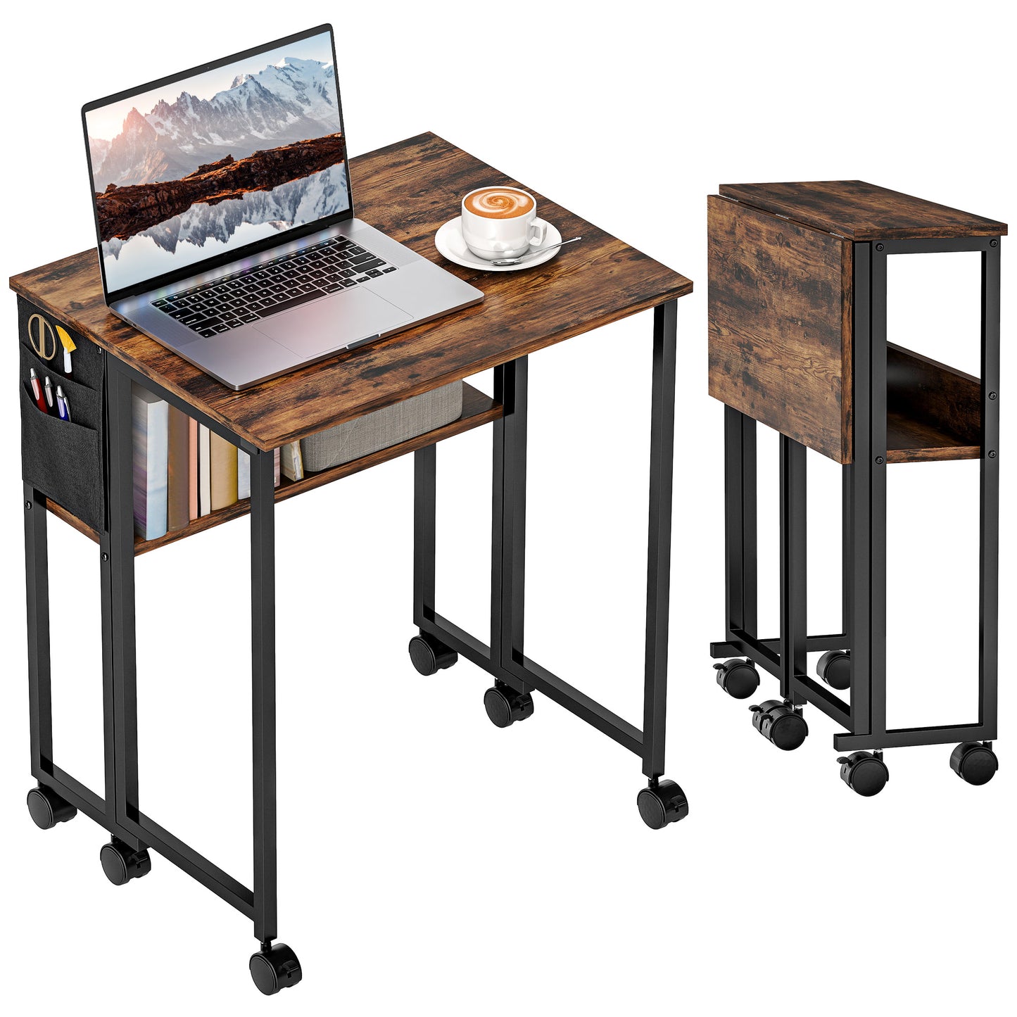 63 cm Foldable Computer Desk on Wheels for Small Spaces Rustic Brown