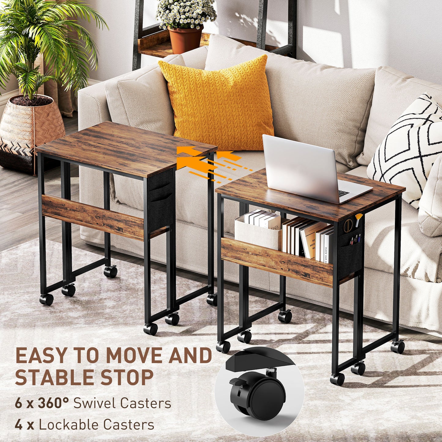 63 cm Foldable Computer Desk on Wheels for Small Spaces Rustic Brown