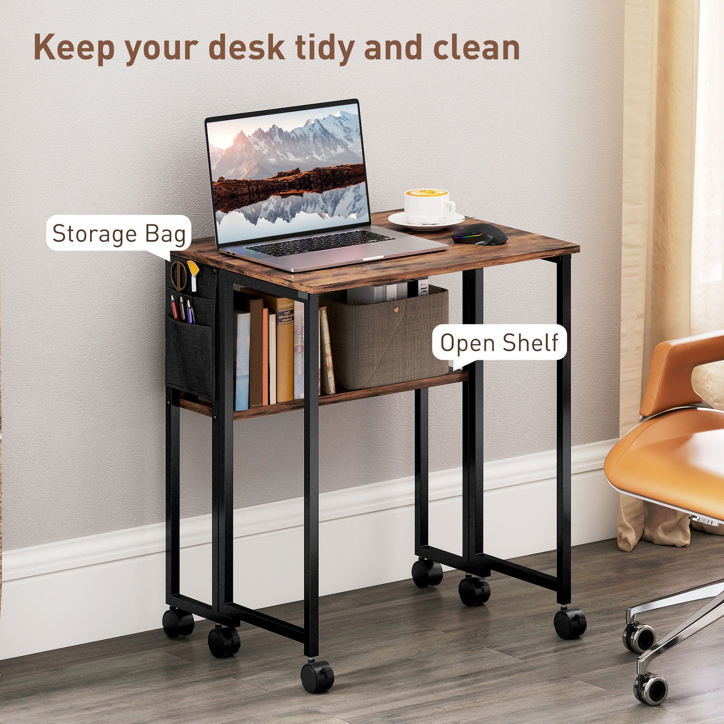 63 cm Foldable Computer Desk on Wheels for Small Spaces Rustic Brown