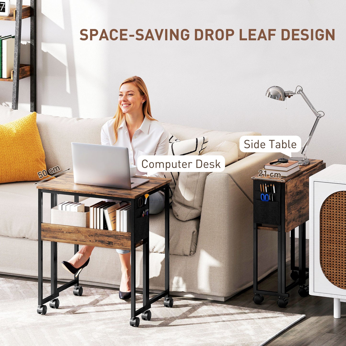 63 cm Foldable Computer Desk on Wheels for Small Spaces Rustic Brown