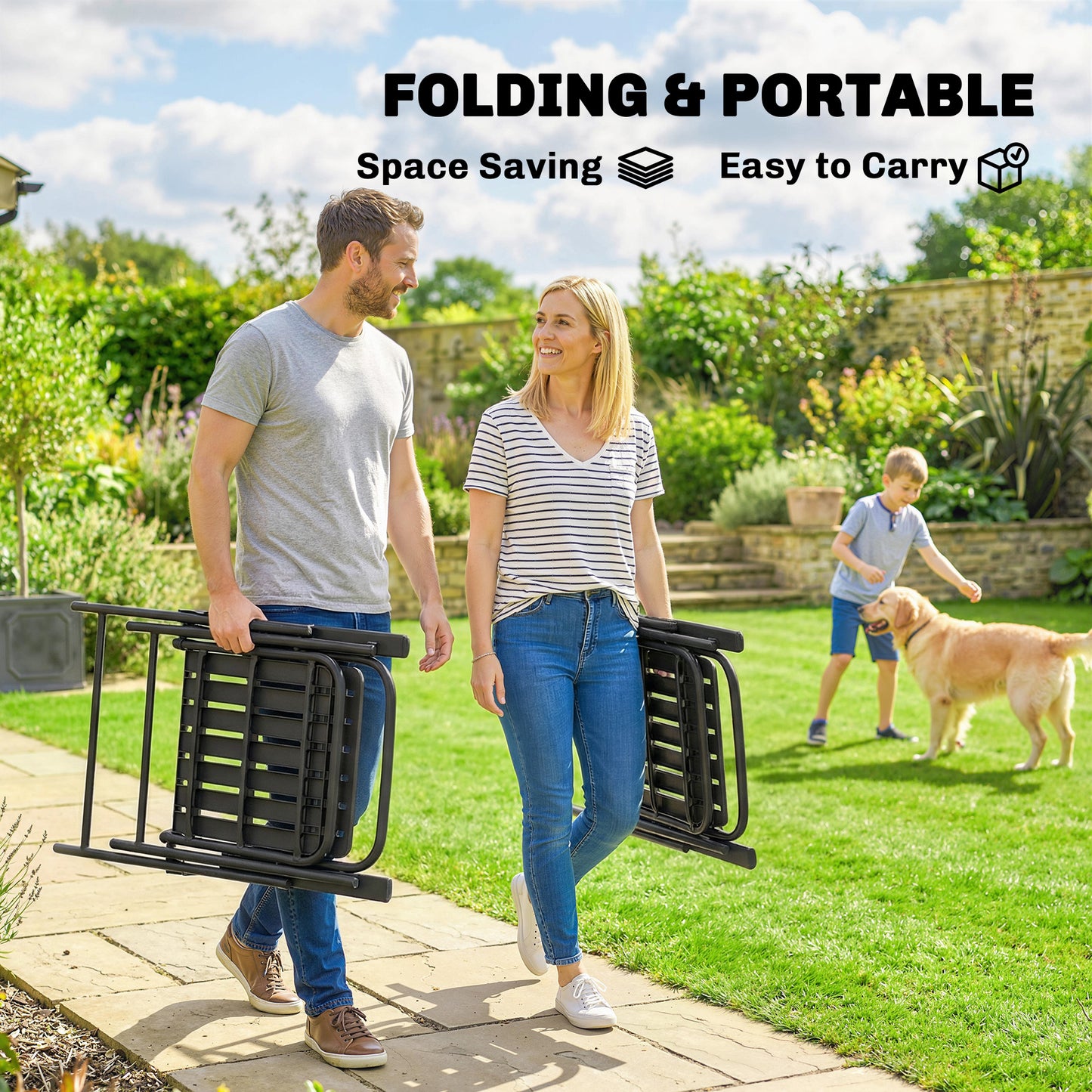 Folding Garden Chairs Set of 4 with Plastic Seat and Back, Black