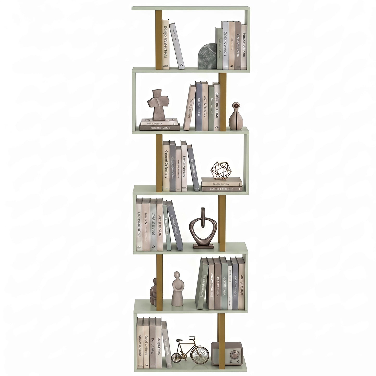 S-Shaped Bookshelf, 6-Tier Bookcase with Anti-Tip Strap, Light Green