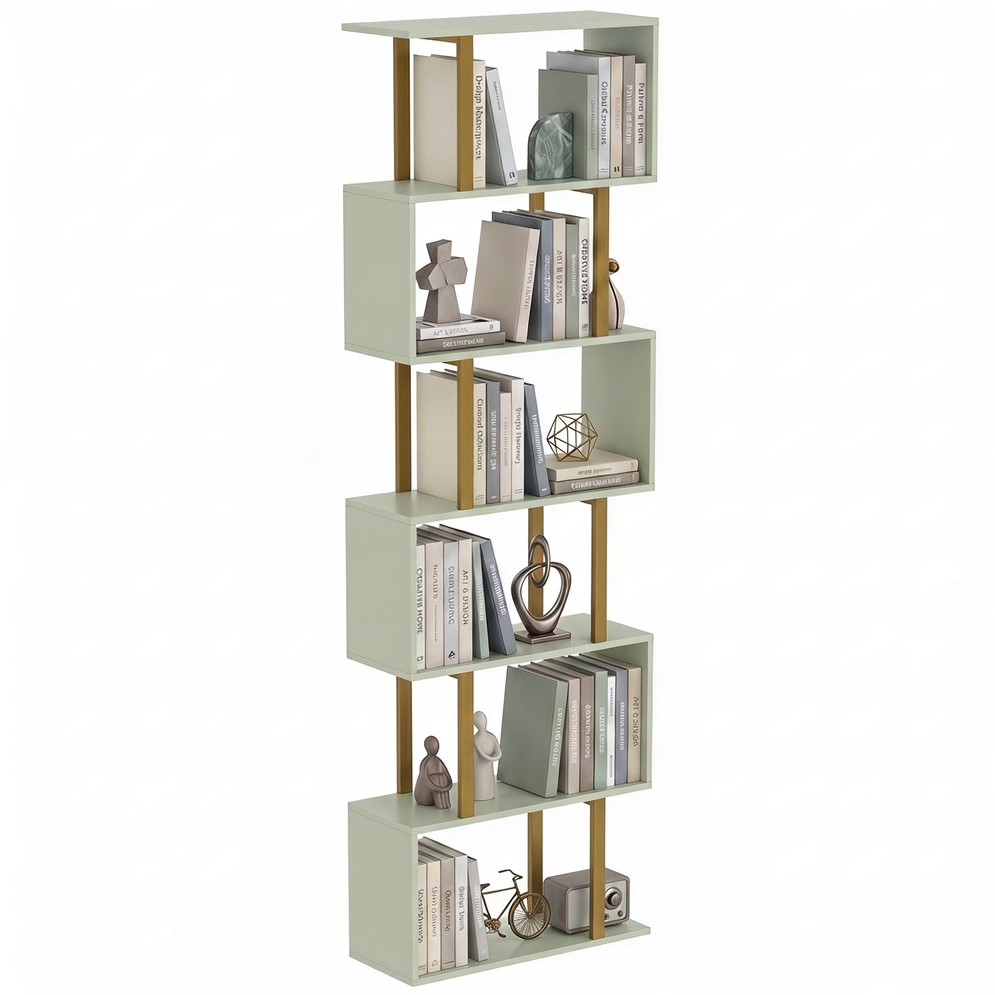 S-Shaped Bookshelf, 6-Tier Bookcase with Anti-Tip Strap, Light Green