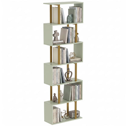 S-Shaped Bookshelf, 6-Tier Bookcase with Anti-Tip Strap, Light Green