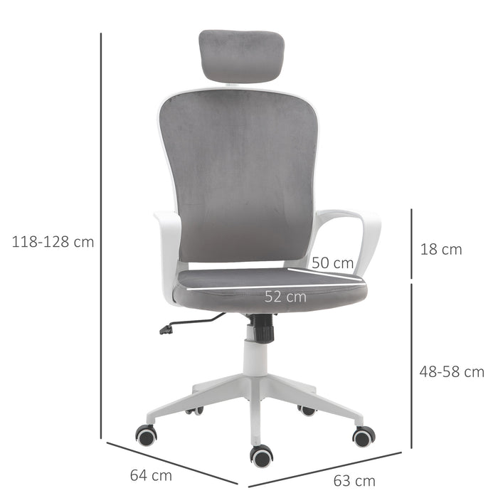 High-Back Swivel Chair Velvet Style Fabric Computer Home Rocking with Wheels, Rotatable Liftable Headrest, Grey