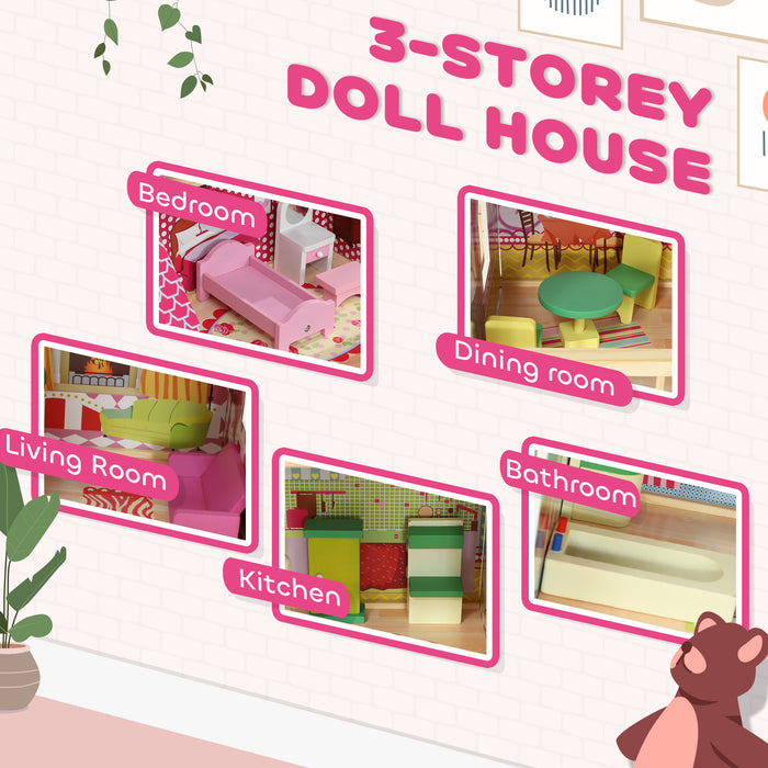 Dolls House with 13 Pieces Wooden Furniture and Accessories