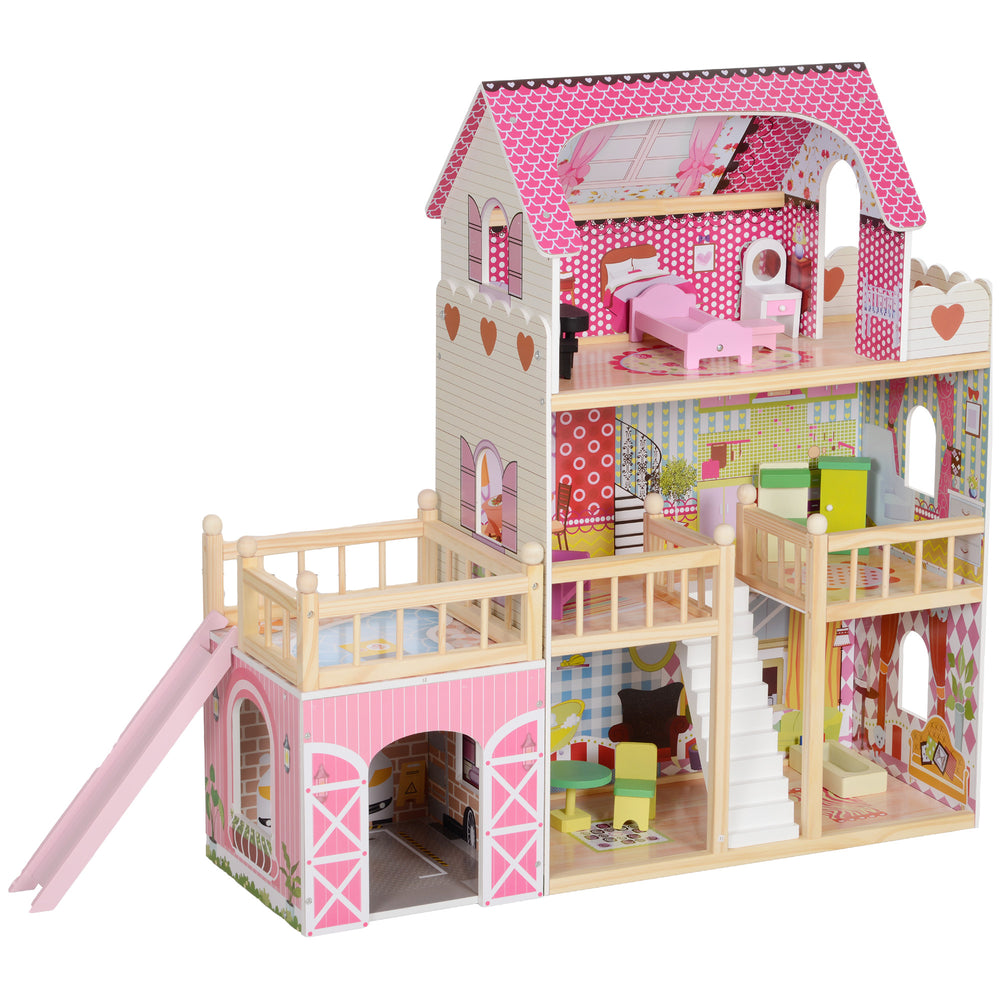 Dolls House with 13 Pieces Wooden Furniture and Accessories