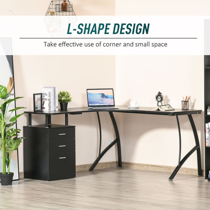 L-Shaped Computer Desk Table with Storage Drawer Home Office Corner Industrial Style Workstation, Black