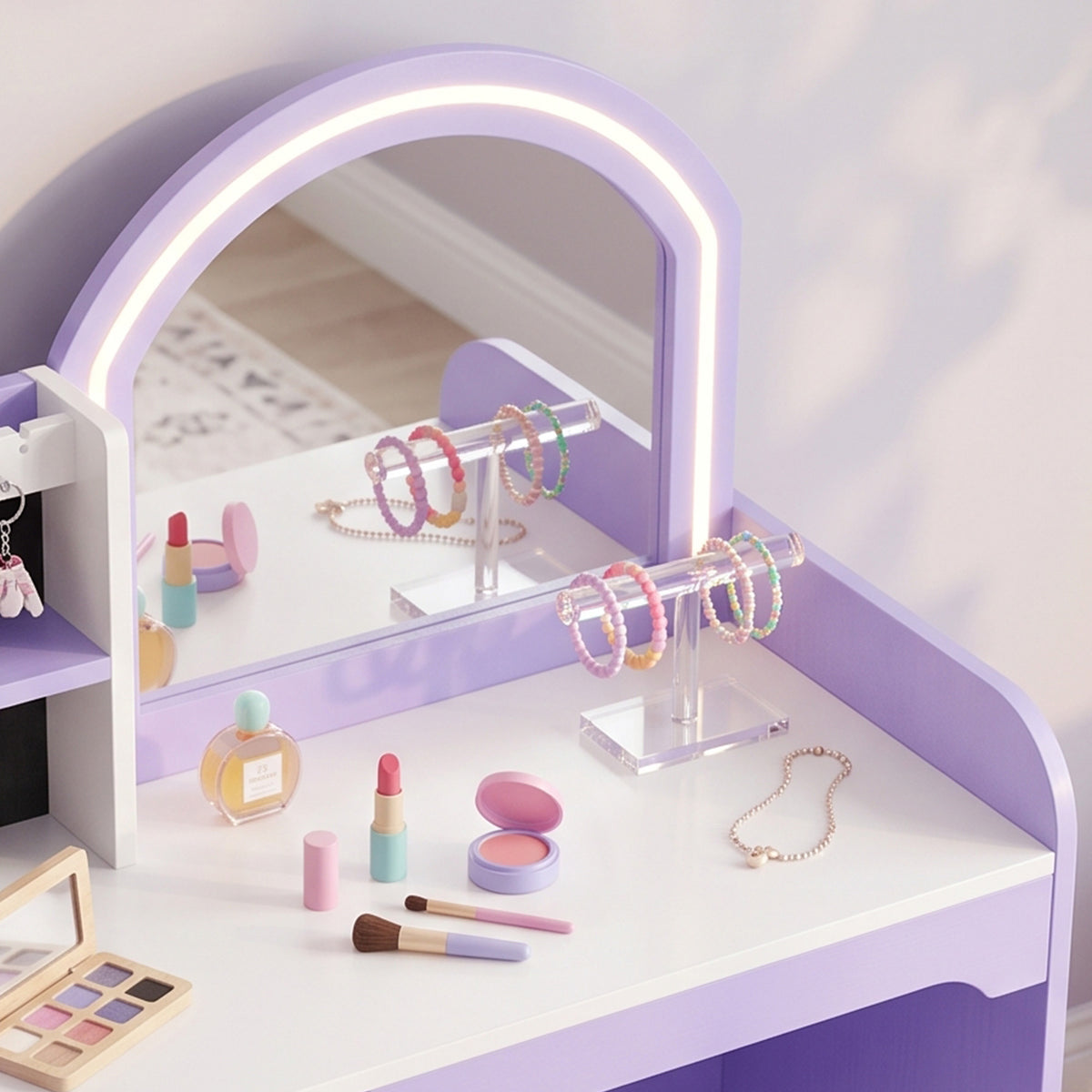 Kids Vanity Set, Dressing Table with Stool, Purple