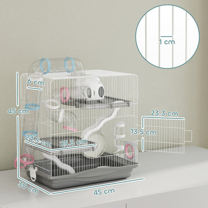 3-Tier Hamster Cage, Gerbil Cage with Exercise Wheel, Tunnel, Water Bottle, Food Dish, Hut, Ramp, for Dwarf Hamsters, 45 x 30 x 45 cm, Grey