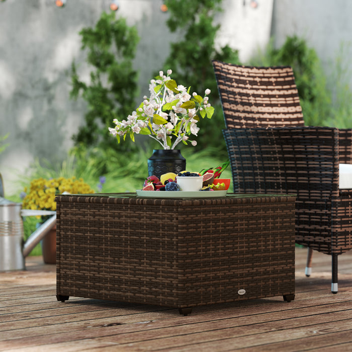 Outdoor Coffee Table with Glass Top, Rattan Side Table, Brown