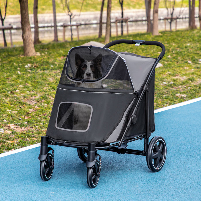 One-Click Foldable Pet Stroller, with Universal Wheels, Shock absorber, for Medium and Large Dogs - Grey