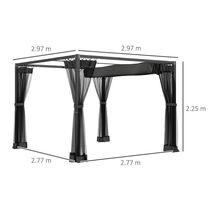 3 x 3 m Retractable Pergola, Garden Gazebo Shelter with Nettings, for Grill, Patio, Deck, Grey