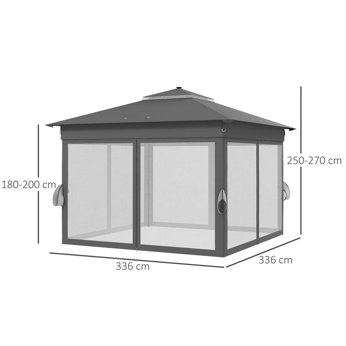 3 x 3(m) Pop Up Gazebo Party Tent with Solar-Powered LED Lights, Adjustable Event Shelter with Curtain, Netting, Grey